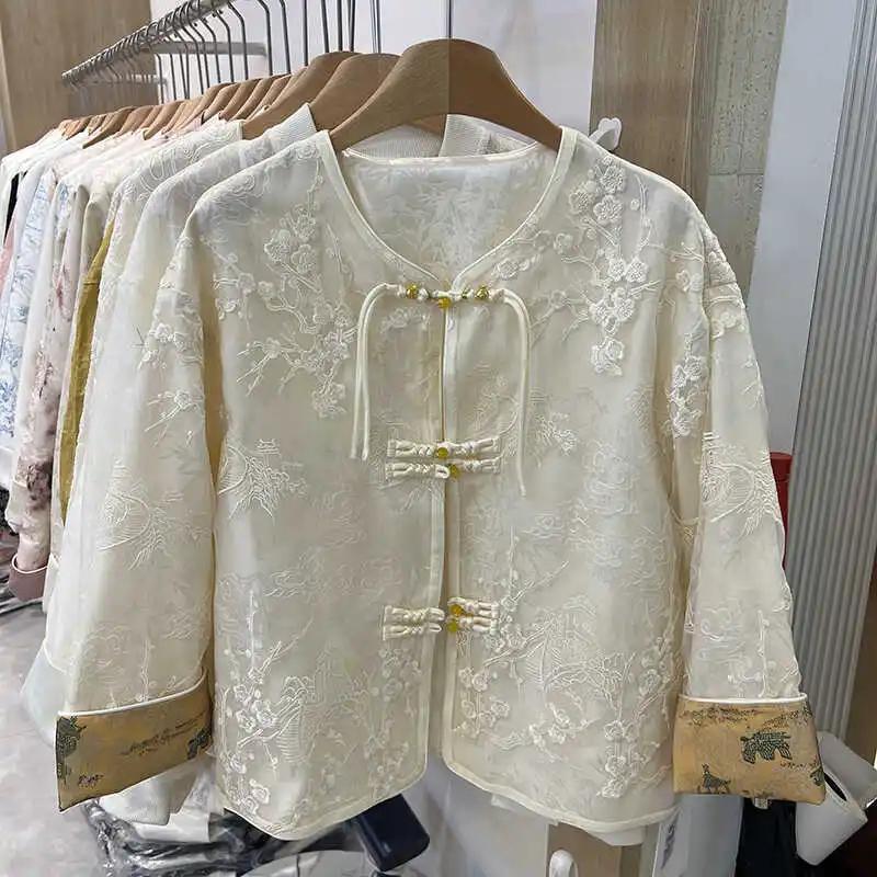 New Chinese Sle Buckle Improved Chinese Costume Outerwear Women Spring Autumn New Sle Round Neck Jacquard Embroidery